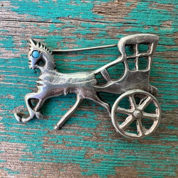 VTG Mexico Brooch Horse‎ Buggy 2.25" Turquoise Articulated Wheel Sterling 16.3g - Picture 6 of 7